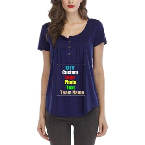 Customize your picture LOGO new womens clothing 2021 pleated button loose short-sleeved T-shirt top