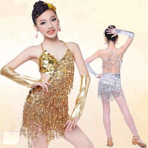 Sequins tassel children latin dance costume dress kids latin dress ballroom latin dance clothes