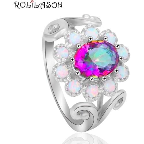 Floating charms Shiny Rainbow Mystic Zircon White Fire Opal Stamped silver plate Zircon Jewelry Ring USA Sz #6#7#8#9 OR748