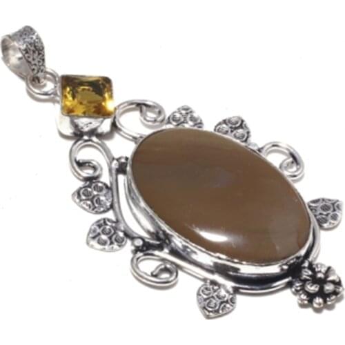 Genuine Mookaite Jasper Citrine Pendant Silver Overlay over Copper , Hand made Women Jewelry gift, P8515