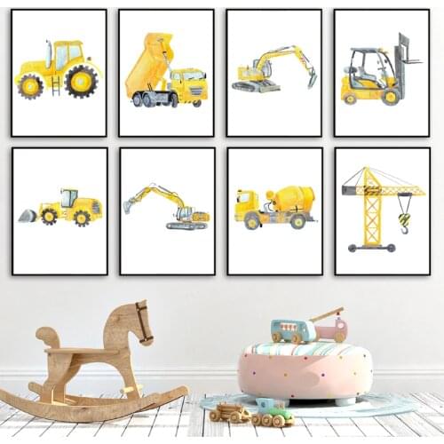 Construction Vehicles Watercolor Nursery Wall Art Canvas Painting Cars Trucks Posters and Prints Wall Pictures Boys Room Decor