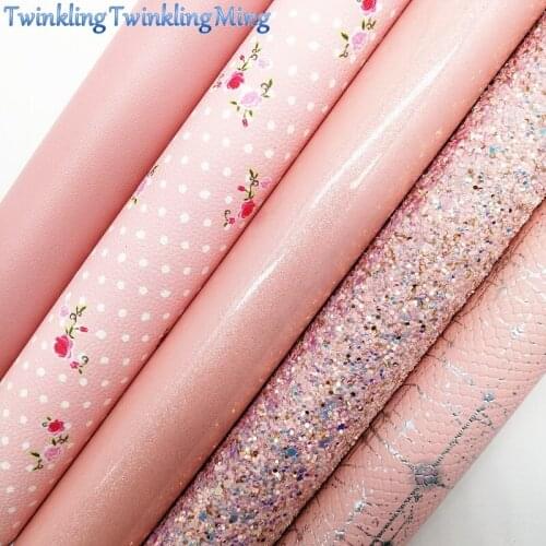 PINK Glitter Fabirc, Faux Leather Fabric, Dots Flowers Synthetic Leather Fabric Sheets For Bow A4 21x29CM Twinkling Ming XM631