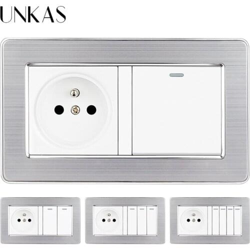 UNKAS French Standard Wall Socket 146MM*86MM + 1 2 3 4 Gang 1 / 2 Way On / Off Light Switch Stainless Steel Panel Outlet