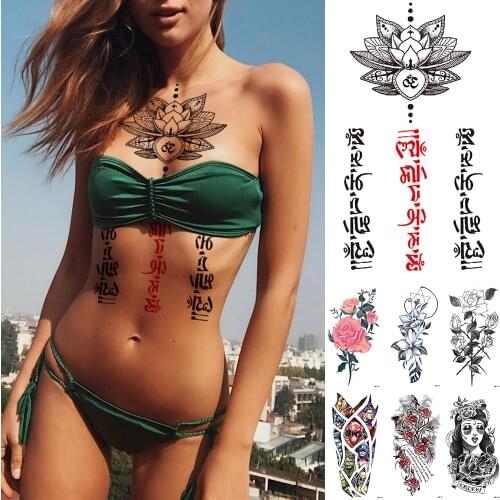 1PCS Waterproof Temporary Tattoo Sticker Sanskrit Lotus Flash Tattoos Flowers Rose Lace Totem Body Art Arm Fake Tatoo Women Men