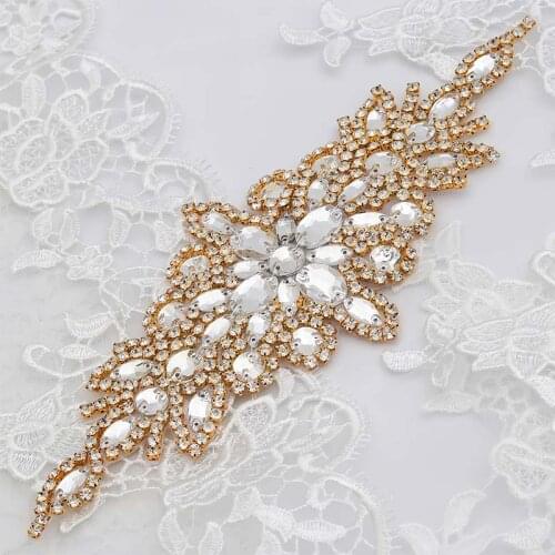 WENXI 1PCS Hand Rhinestones Appliques Rose Gold Sew On Silk With Beads Sewing for Wedding Party Dress Waistband Accessory WX855