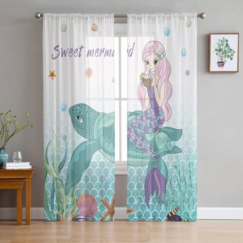 Turtles And Mermaids Ocean Shells Starfish Voile Tulle Sheer Curtains for Bedroom Living Room Kitchen Decor Window Curtain