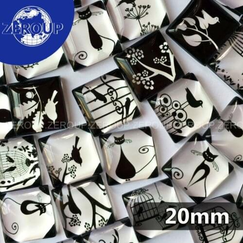 ZEROUP 20pcs/lot 20mm clear square glass cabochon cat and bird pattern black and white color fit cameo base setting