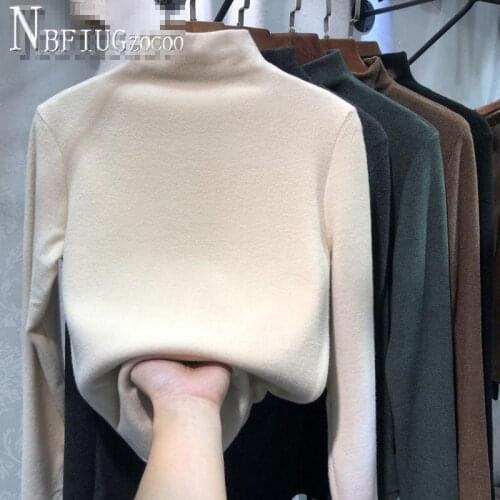 2019 Lining With Fluff Women T Shirt Solid Color Warm Female Bottoming Tee Shirts