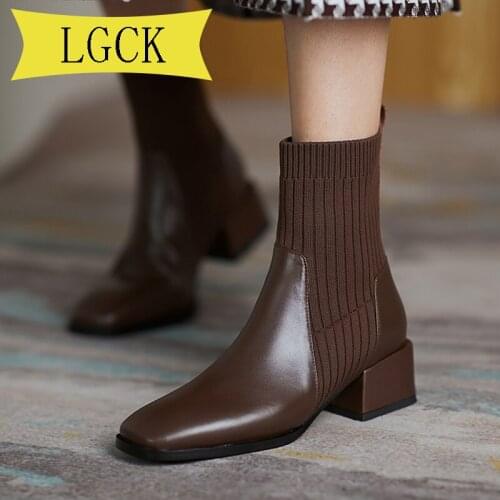 Plus Size 34-42 Autumn Boots Women Shoes Fashion Round Genuine Leather Ankle Boots Winter Elastic Black Boots Comfortable Boots