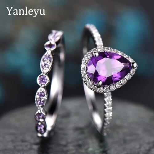 Yanleyu Wedding Rings Sets 2pcs 925 Sterling Silver Rings for Women Purple Water drop Cubic Zirconia Eternity Ring Jewelry PR375