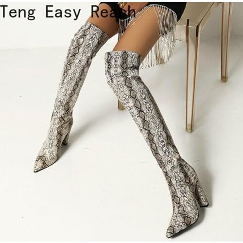 Snake Women Over The Knee Boots Fashion Square High Heel Knee High Boots Slip on Autumn Winter Long Boots 35 36 37 38 39 40 41