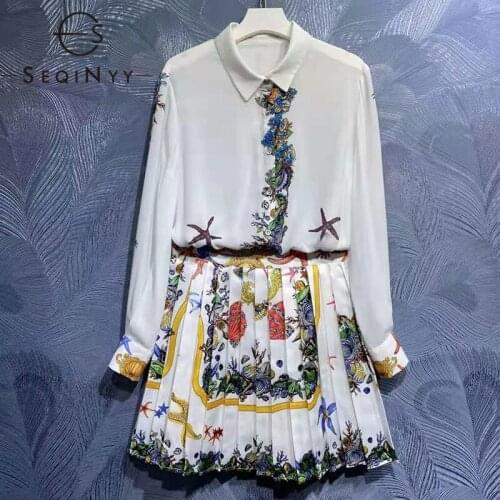 SEQINYY Summer Set New Design Women Runway White Shirt + Pleated Mini Skirt Vintage Starfish Flowers Print Two Pieces Suit