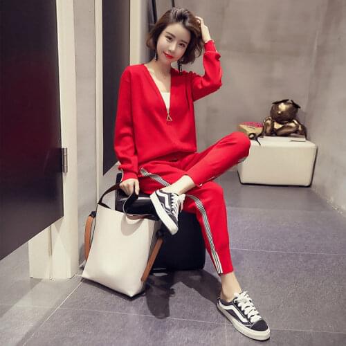 Plus Size Womens Autumn Clothes New Style Western Sports Casual Pants Suit Slim Two-piece Woman