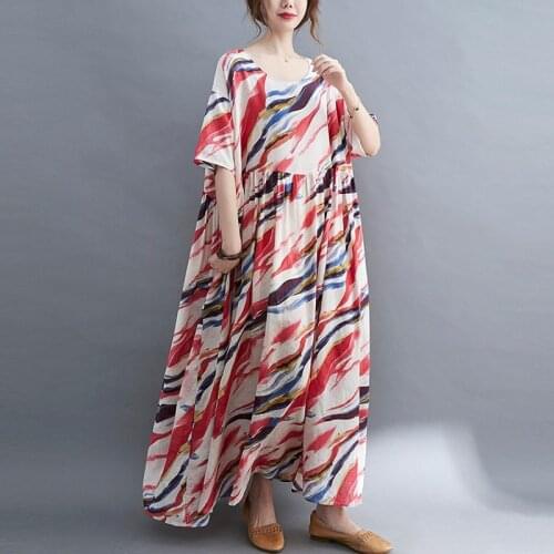 Oversized Women Summer Loose Casual Maxi Dress New Arrival 2021 Vintage Style O-neck Print Female Cotton Linen Long Dresses B593