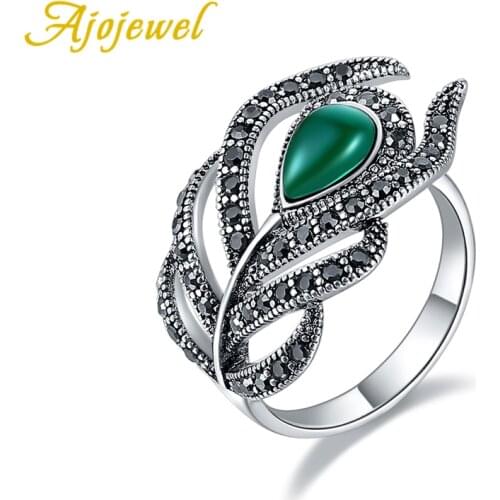 Ajojewel Brand New Size 7-9 Vintage Green Opal Leaf Finger Ring For Women Retro Party Accessories Copper Alloy