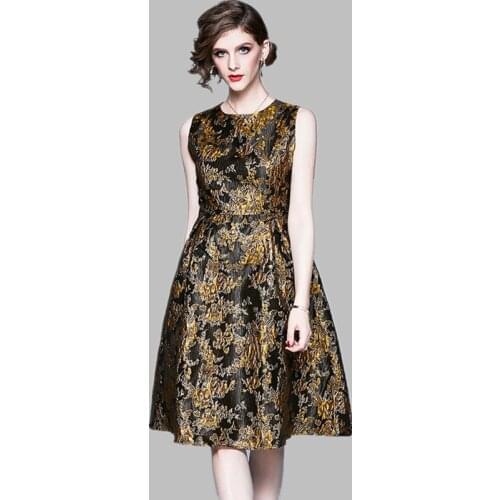 2021 New Fashion Vintage Elegant Jacquard Sleeveless Tank Dress High Waist Women Embroidered Golden Flowers Summer Dress