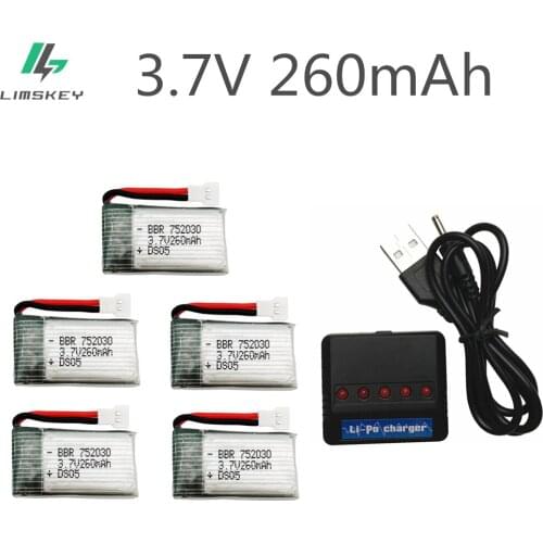 5pcs 3.7V 260mAh Lipo Battery for H8 H8 H48 Mini With 5in1 Charger For RC Quadcopter drone part wholesale