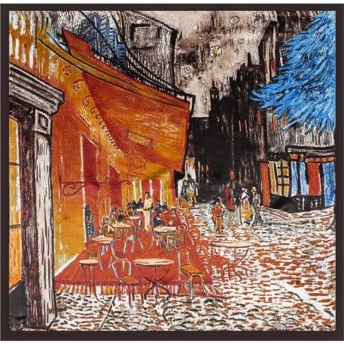 90cm Silk Scarf Van Gogh Cafe Oil Painting Satin Scarf Female Fashion Luxury Brand Handkerchief Big Square Scarf Shawl