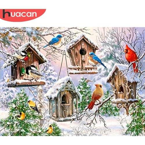 HUACAN Diamond Art Painting Bird House Scenery Diamond Embroidery Mosaic Winter Snow Landscape Wall Stickers