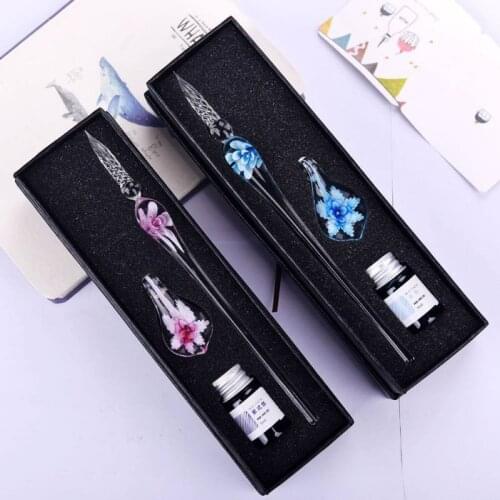 Banquet Gifts Glass Signature Pen for Party Favors Flower Ink Writing Glass Pen with Case Wedding Valentines Day Decor