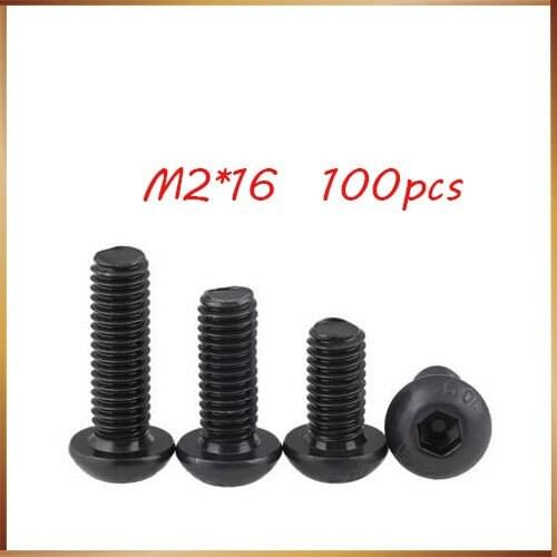 Free Shipping 100pcs M2x16 mm M2*16 mm yuan cup Half round pan head black grade 10.9 carbon Steel Hex Socket Head Cap Screw