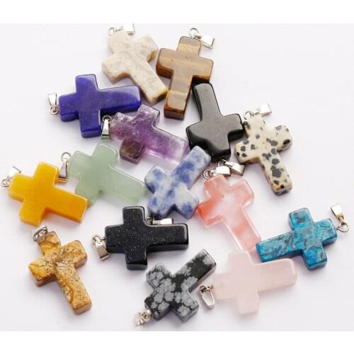 Fubaoying Cross Necklace Women Men Gift Natural Crystal Quartz 25pcs 18*25mm Stone Pendants Charms For DIY Jewelry Making