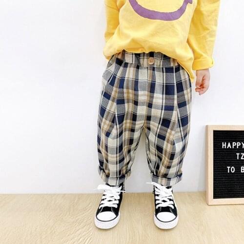 Girls and boys pants spring and autumn models 2021 Korean childrens mosquito pants thin section childrens cotton plaid pants