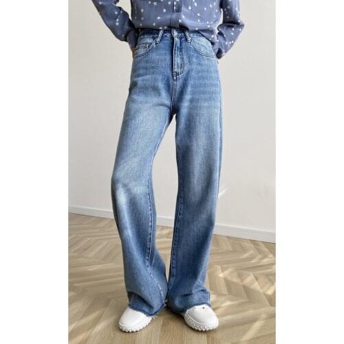 Spring and summer 2021 new style denim elastic free cotton deconstruction design casual high waist straight tube wide leg jeans