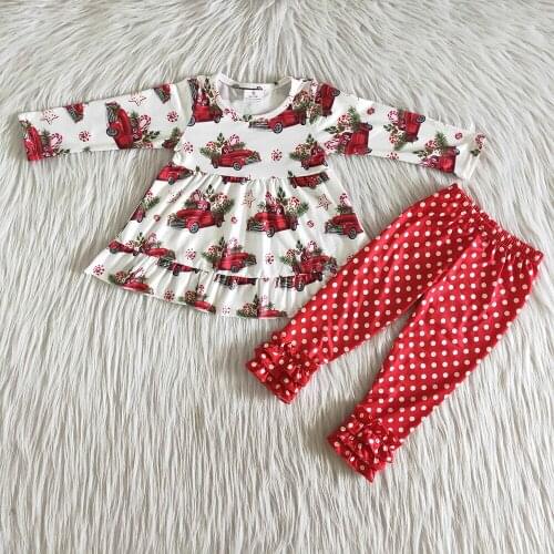 Hot sell boutique girls winter outfit baby girls Christmas truck top and dot pants set fashion kids outfit