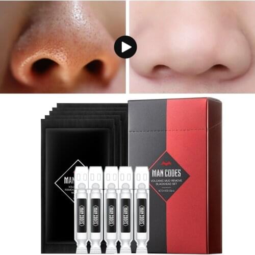 MANCODES Men New Volcanic Mud Blackhead Remover Mask Set Pore Cleansing Strips & Shrink Serum Acne Treatment Head Remover Tool