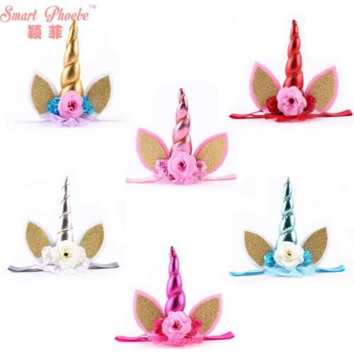 5" 5Pcs/6C Fashion Cute Glitter Floral Unicorn Girls Soft Hairbands Solid Kawaii Party Headbands Girls Hair Accessories Headwear