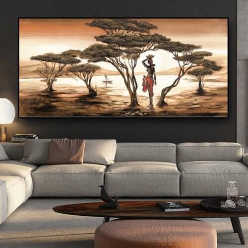 African Art Landscape and Woman Canvas Painting Poster and Print Modern Cuadros Wall Art Picture for Living Room Home Decoration