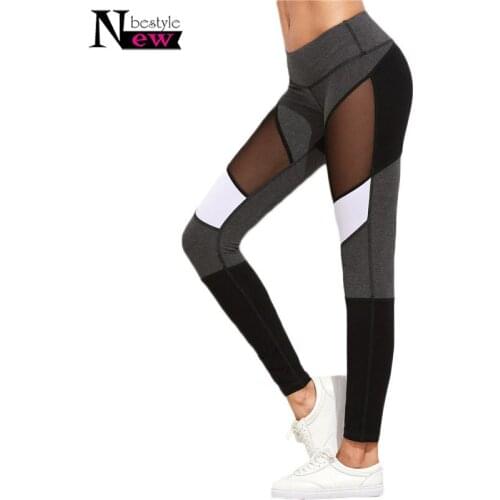Newbestyle Casual Leggings Women Fitness Leggings Color Block Perspective Workout Pants Woman Sexy Mesh Insert Exercise Pants