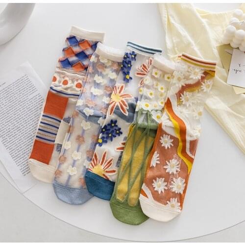 Middle Tube Socks Summer Thin Card Silk Socks Glass Filament 2021 New Japanese Summer Breathable Cotton Bottom Long Tube