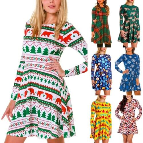 New Arrived Autumn Winter Women Dresses Casual Cartoon Print Christmas Dress Casual Loose Long Sleeve Party Dress Vestidos Y1205