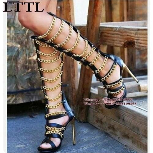 Super Trendy Knee High Gladiator Gold Chained Sandal Boots Summer Women Sexy Hollow Cut thin high heel Long Sandals Dropship