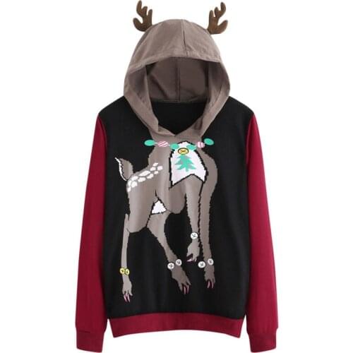 Autumn Winter Fashion Christmas Deer Printed Hooded Sweatshirts Pullover Loose Women Hoodies Sweatshirt Female Casual Tops