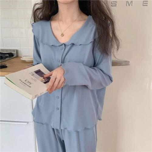 Spring Autumn Womens Sleep Lounge Pajamas solid Long Sleeved Woman pyjamas Set Cotton like Sleepwear sleepwear Ruffled Homewear