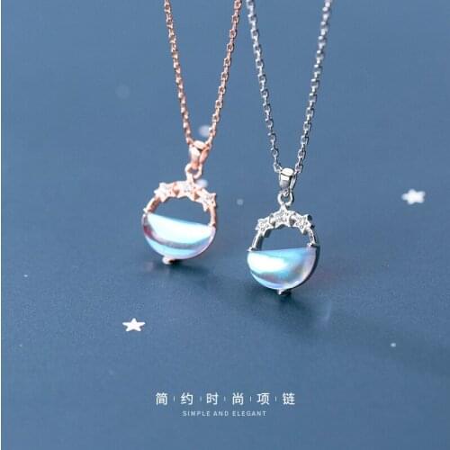 Authentic 100% REAL. 925 Sterling Silver Fine Jewelry coloured glaze Half Circle Star CZ Pendant Necklace C-D7341