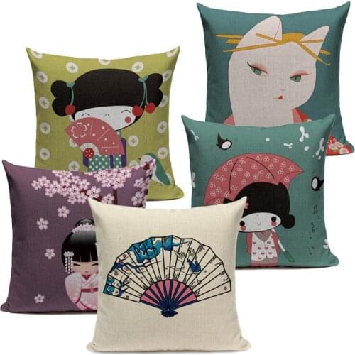 Japanese Print Cotton Linen Pillowcase Creative Fuji Kimono Girl Sea Wave Decorative Pillow Home Decor Sofa Throw Pillow Cushion