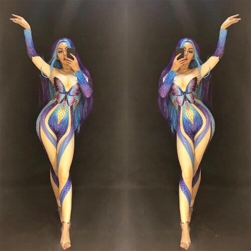 Celebrate Nightclub Stage Bodysuit Customes Women Sexy Stage Costumes for Singer Butterfly Sparkly Crystal Rhinestone Jumpsuit