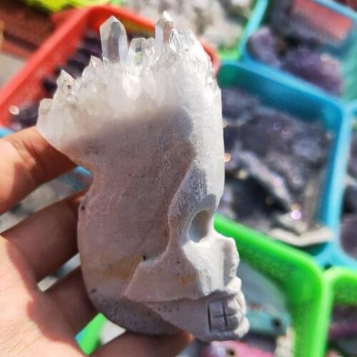Reki Natural white quartz cluster skull clear Rough Crystal cluster Skull healing Feng Shui