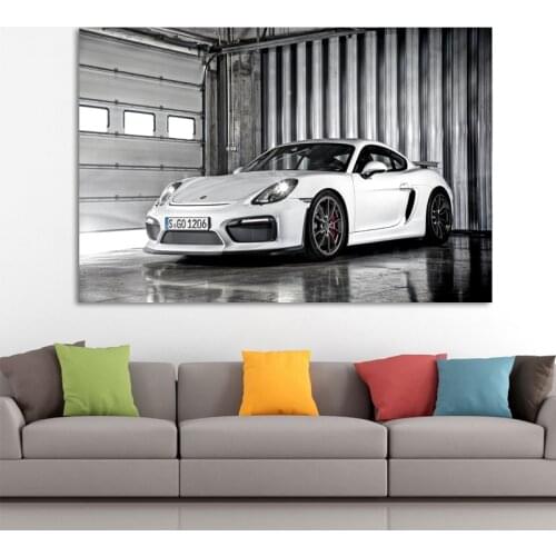 Supercar Porsches Cayman GT4 Sport Car Vehicle White Car Wall Art Posters Fabric Canvas Print Paintings for Living Room Decor