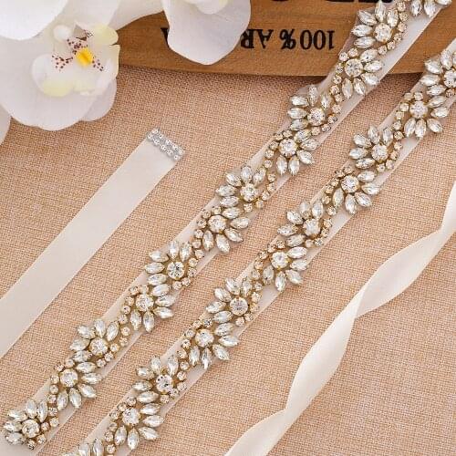 SESTHFAR Rhinestones Wedding Belt Sparkling Crystal Bridal Belt Gold Diamond Bridal Dress Sash For Wedding Accessories