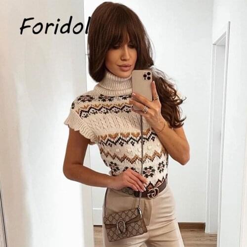 Vintage Soft Sweater Vest Geometry Cropped Pullover Turtle Neck Ruffled Jumper Female Waistcoat Mujer Knitted Tops Vest Outfit