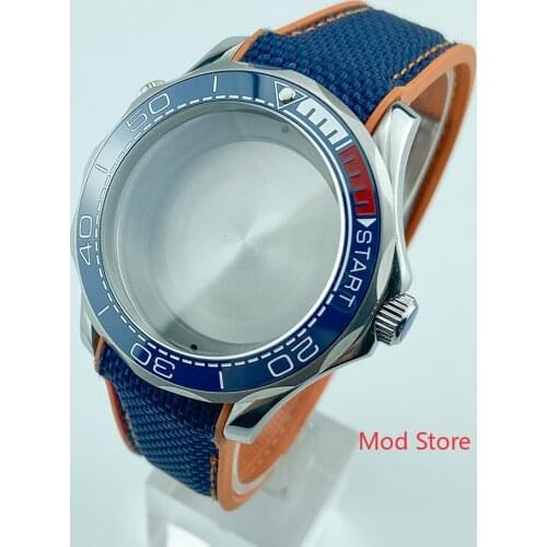 20ATM Water Resistant 41mm Blue/White/Red Ceramic Bezel Watch Case Sea-Master Style Fit ETA2824 PT5000 Automatic Movement