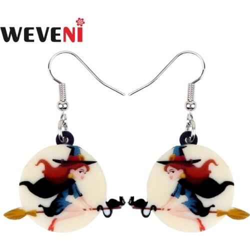 WEVENI Acrylic Magical Halloween Broomstick Witch Earrings Round Drop Dangle Cute Cartoon Trendy Jewelry For Women Girl Kid Gift