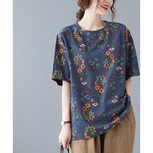 Women Summer Cotton Linen Casual T-shirts New Arrival 2021 Vintage Style Floral Print Loose Female Short Sleeve Tops Tees B598