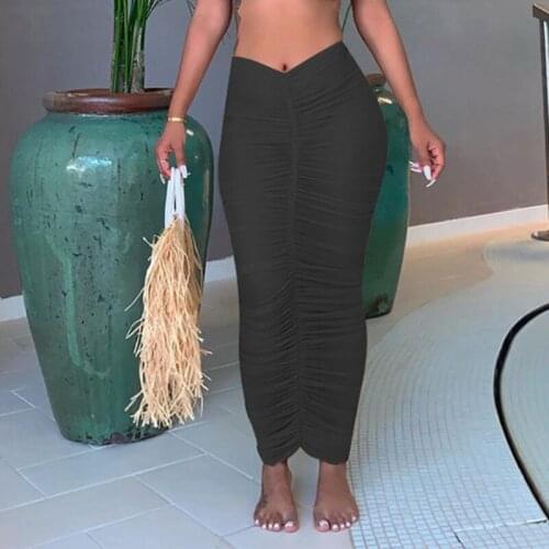 Elegant Mesh Drawstring Ruched Women Pencil Midi Skirt Back Slit High Waist Bodycon Sexy Streetwear Party Club Summer G2617