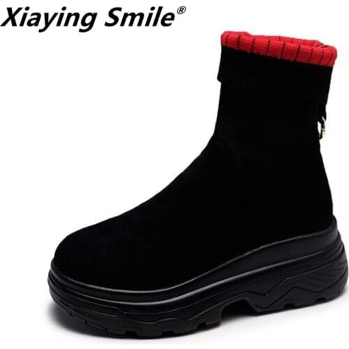 Xiaying Smile Winter Women Ankle Boots New Style Pointed Toe Solid Shoes Lady Fashion Casual Lace-up Flock Women Dual-use shoes